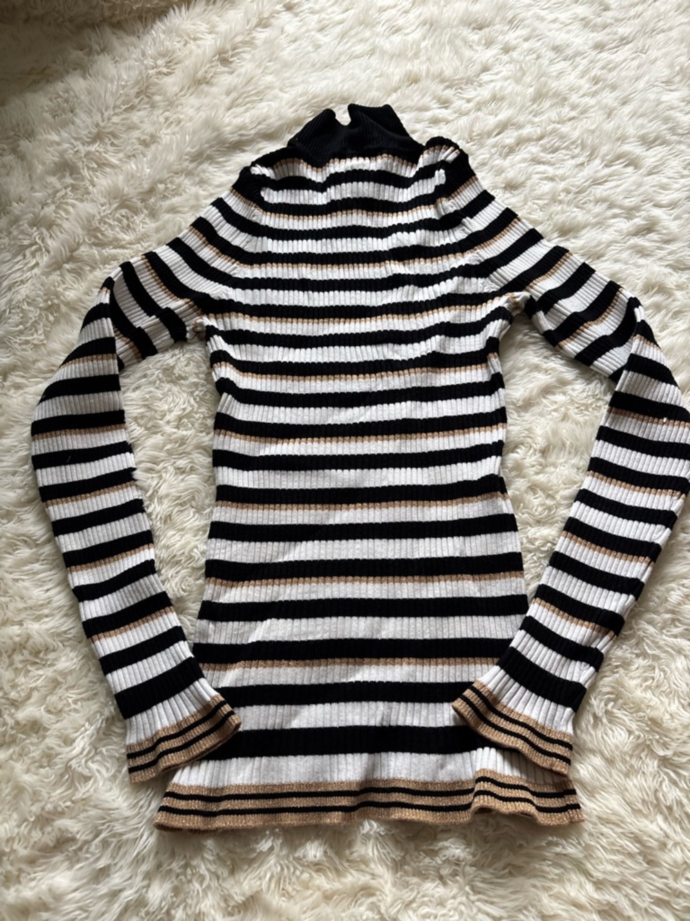 INC International Concepts Striped Ribbed Turtleneck in Black, White & Gold - Picture 9 of 9